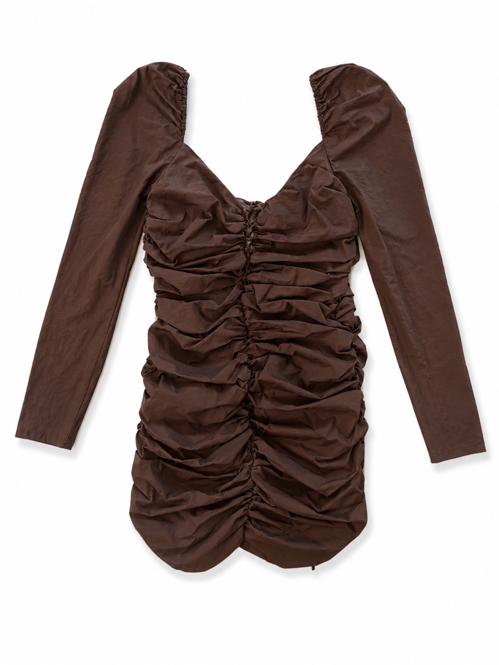 Zara Brown Long Sleeve Ruched Mini Dress